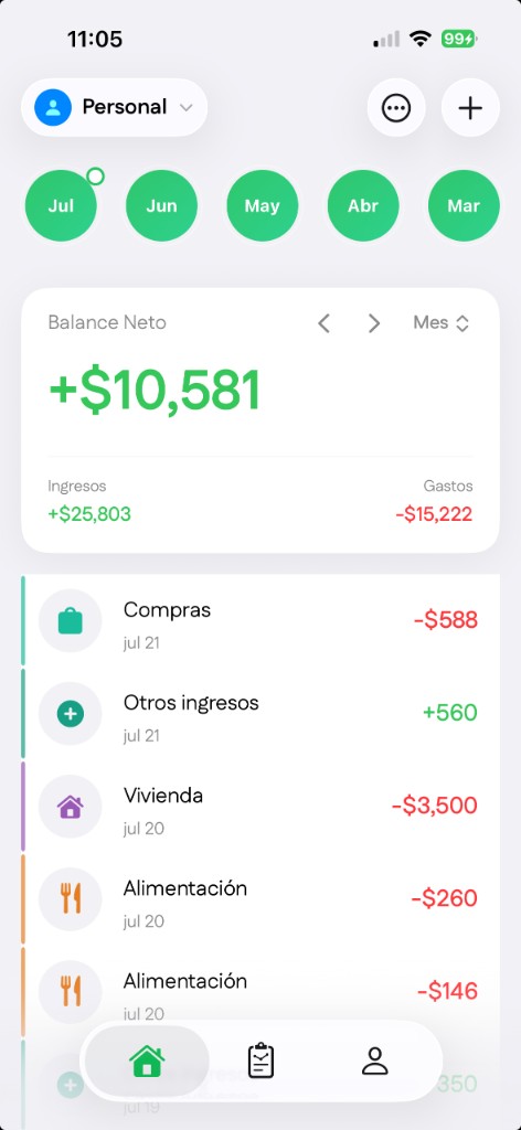 DaySpends home: net balance and recent movements